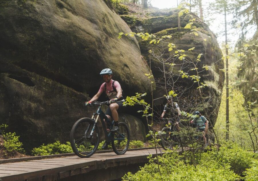 From Prague: E-Mountain Biking Trip to the Bohemian Paradise - A fast descent to Lake Nebákov